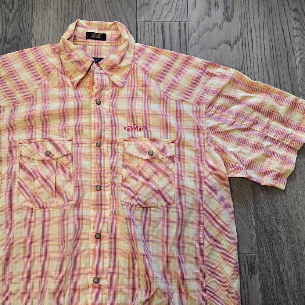 Orvis River Guide Pearl Snap Western Shirt Plaid Orange Mens L Short Sleeve